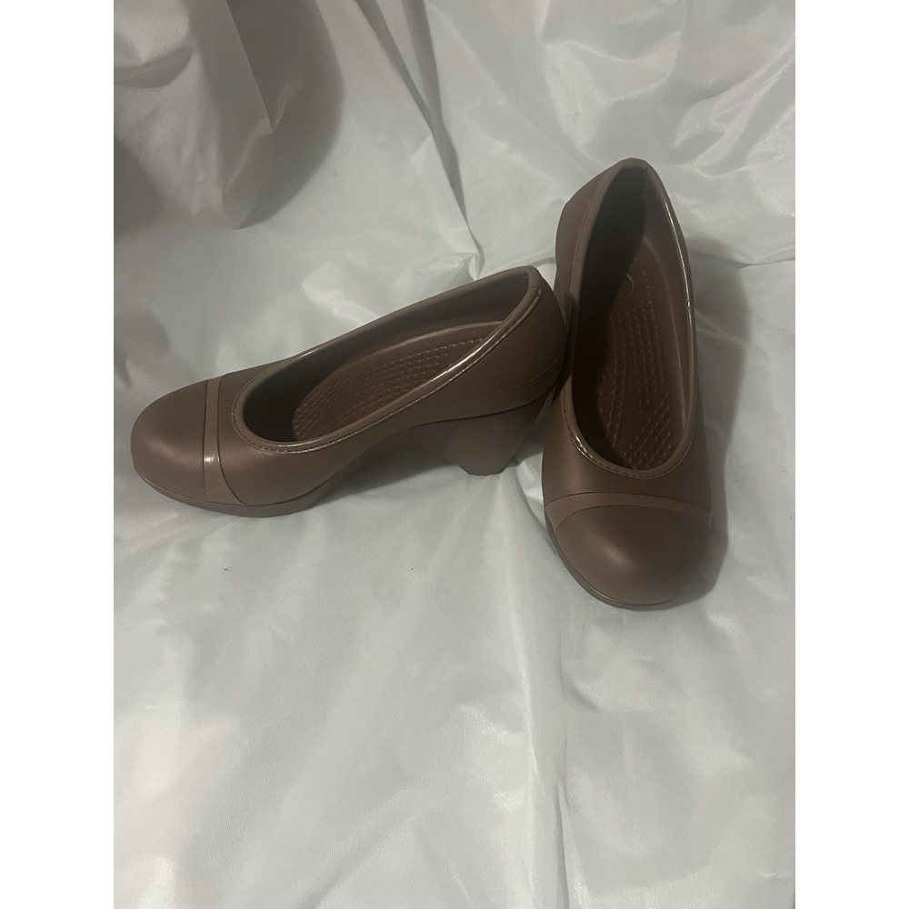 Crocs Shoes Womens 8 Brown Bronze Lena Wedge Heel Slip On Career Comfort